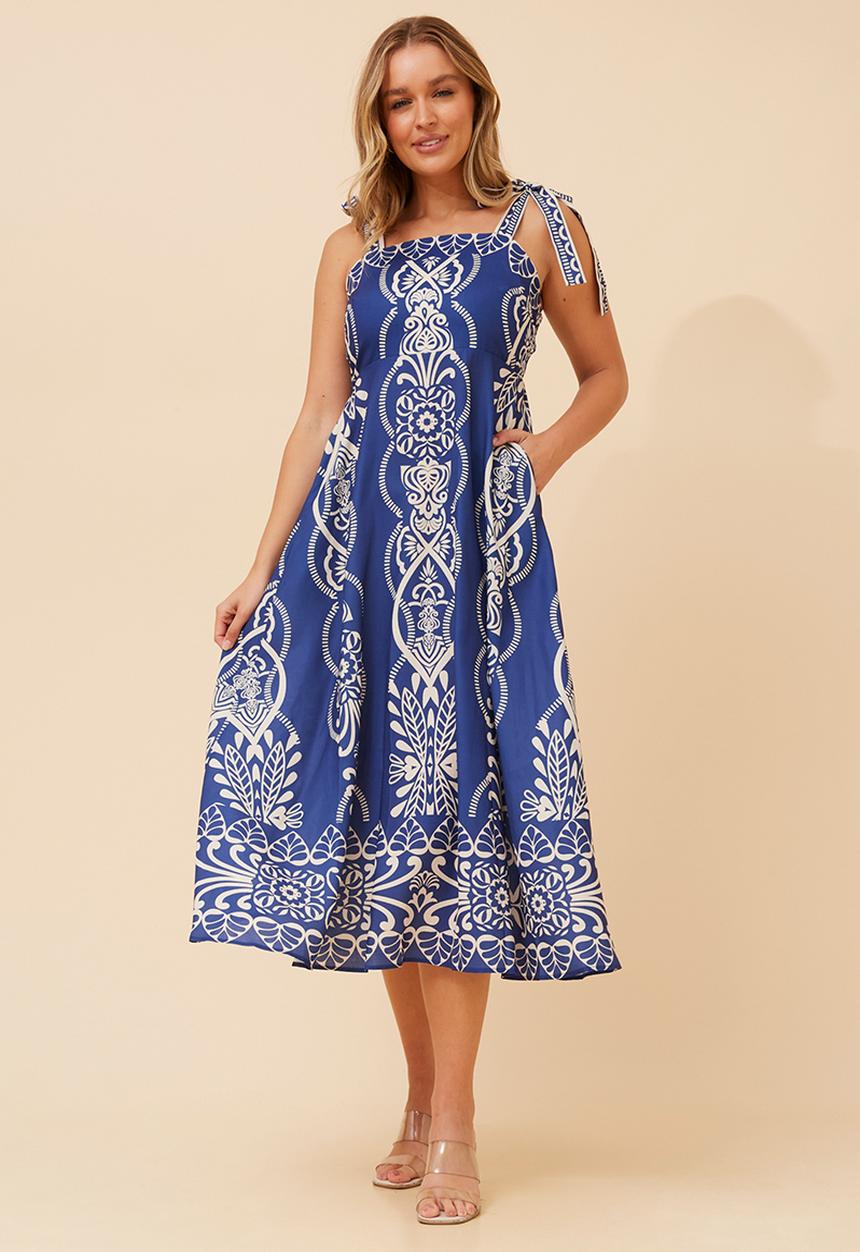 Stella Morgan - Tie strappy boobtube printed maxi a-line dress - cobolt blue