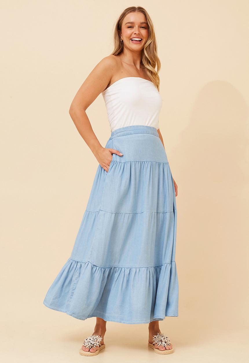Stella Morgan - A-line maxi skirt with 3 button waist detail - mid wash