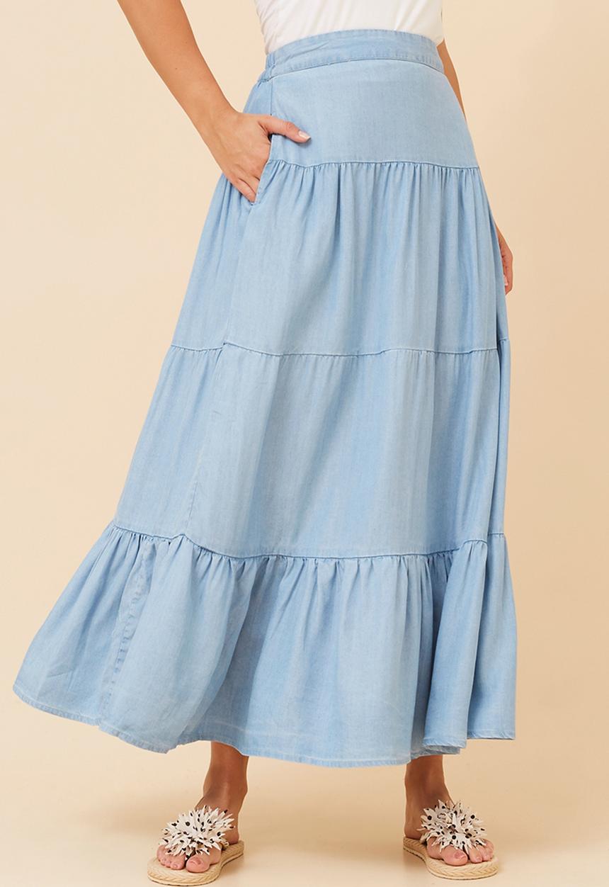 Stella Morgan - A-line maxi skirt with 3 button waist detail - mid wash