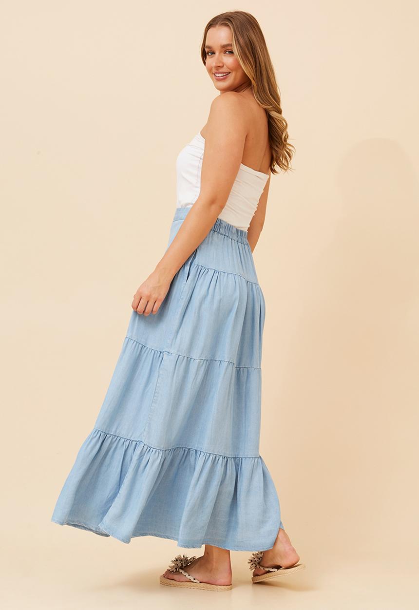 Stella Morgan - A-line maxi skirt with 3 button waist detail - mid wash