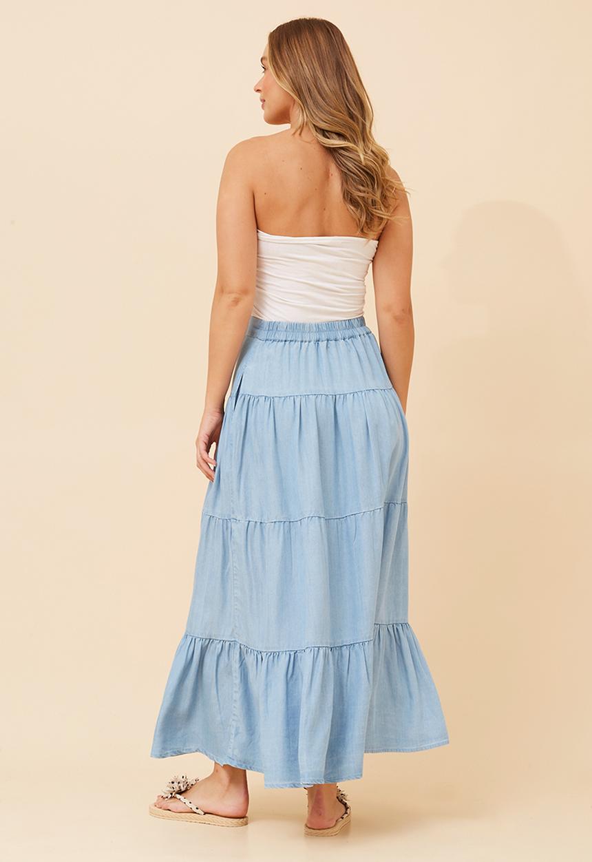 Stella Morgan - A-line maxi skirt with 3 button waist detail - mid wash