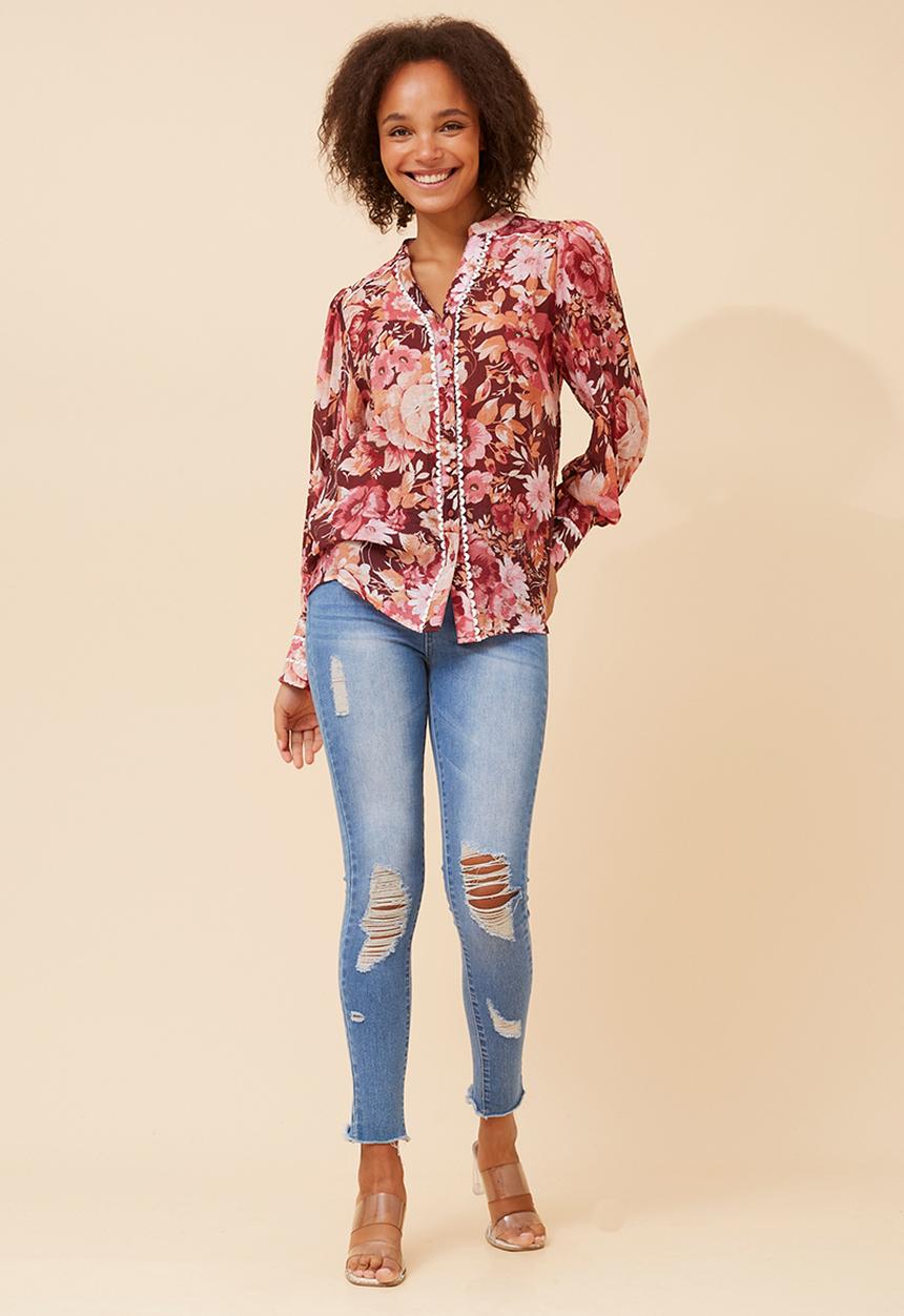 Izabel London - L/S With Smocking Key Hole Button Through Blouse With Trim Detail - Burgundy