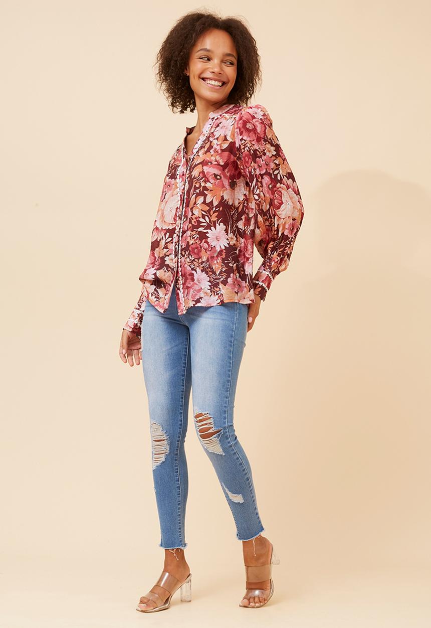 Izabel London - L/S With Smocking Key Hole Button Through Blouse With Trim Detail - Burgundy