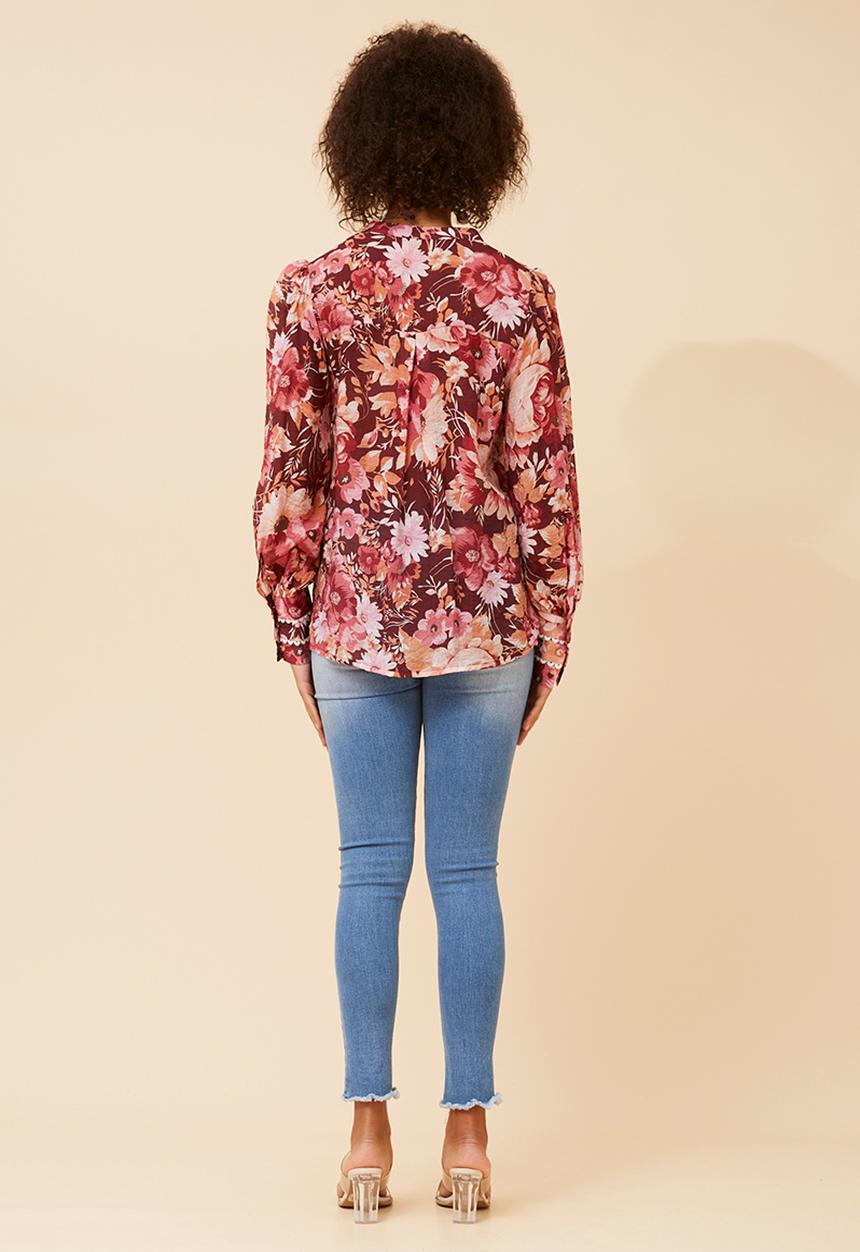 Izabel London - L/S With Smocking Key Hole Button Through Blouse With Trim Detail - Burgundy