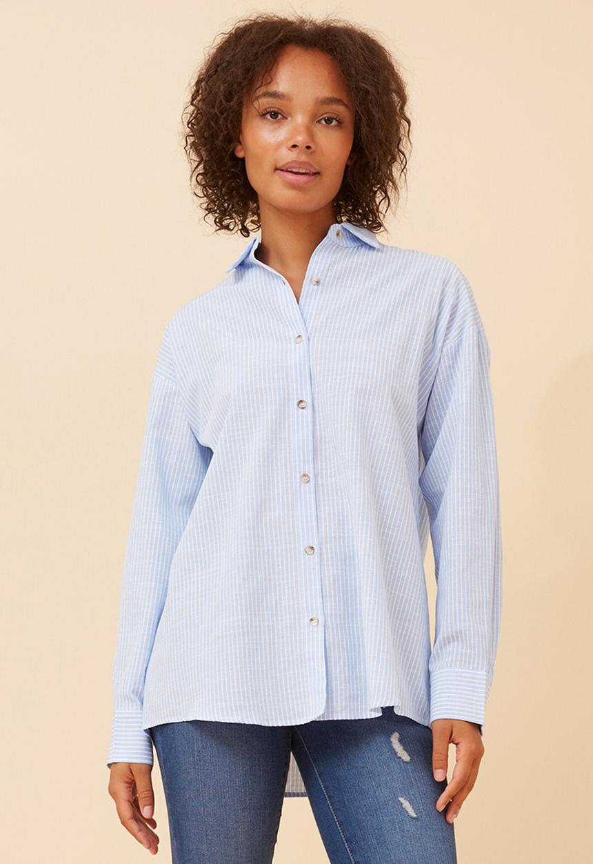 Stella Morgan - Long sleeve Boyfriend Button Through Shirt With Collar - Blue