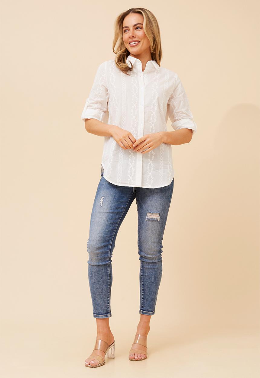 Stella Morgan - Long sleeve With Turn Back Cuff Button Through Anglaise Blouse - White