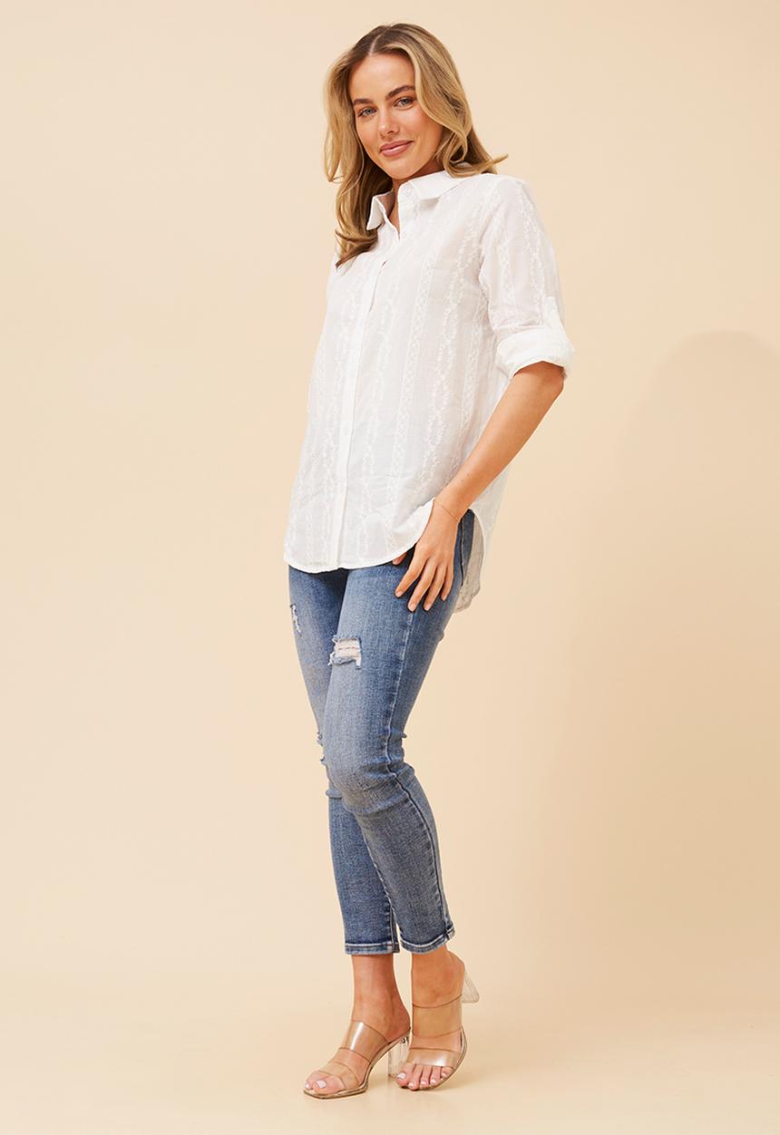 Stella Morgan - Long sleeve With Turn Back Cuff Button Through Anglaise Blouse - White