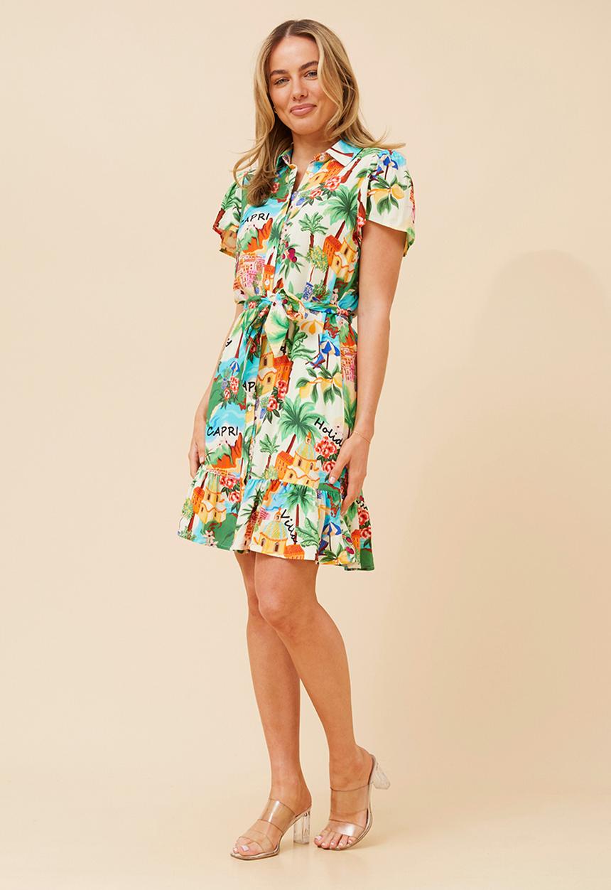 MANDI - Cap Sleeve Mini Button Through Dress With Collar - Multi