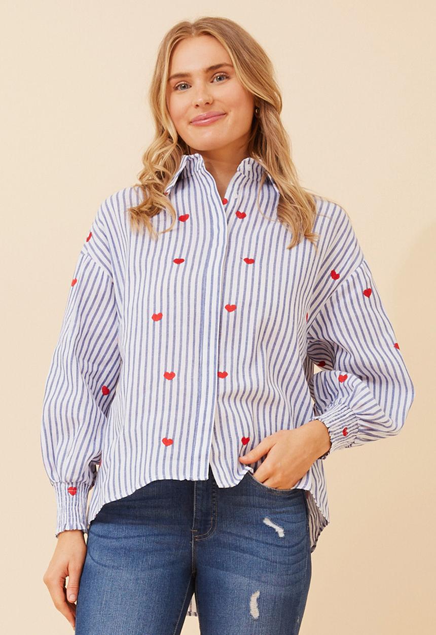 MANDI - 3/4 Sleeve With Smocking Button Through Stripe Shirt With All Over Heart Embroidery  - Blue