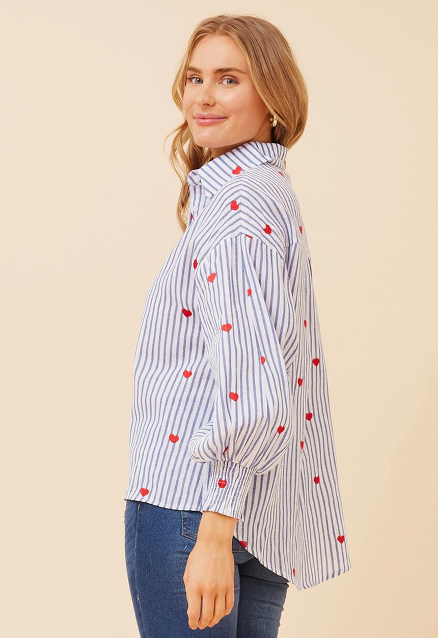 MANDI - 3/4 Sleeve With Smocking Button Through Stripe Shirt With All Over Heart Embroidery  - Blue