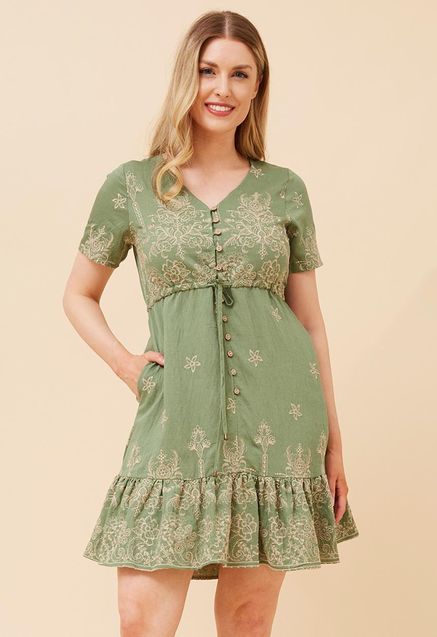 MANDI - S/S V-Neck Embroidered Midi Dress With Waist Tie - Green