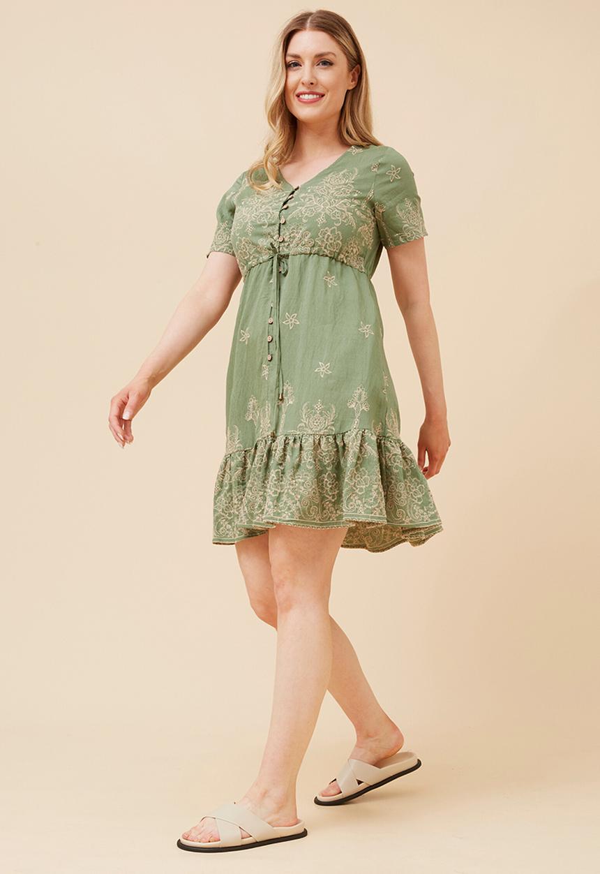 MANDI - S/S V-Neck Embroidered Midi Dress With Waist Tie - Green