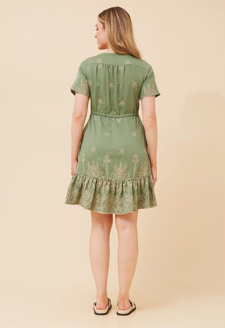 MANDI - S/S V-Neck Embroidered Midi Dress With Waist Tie - Green