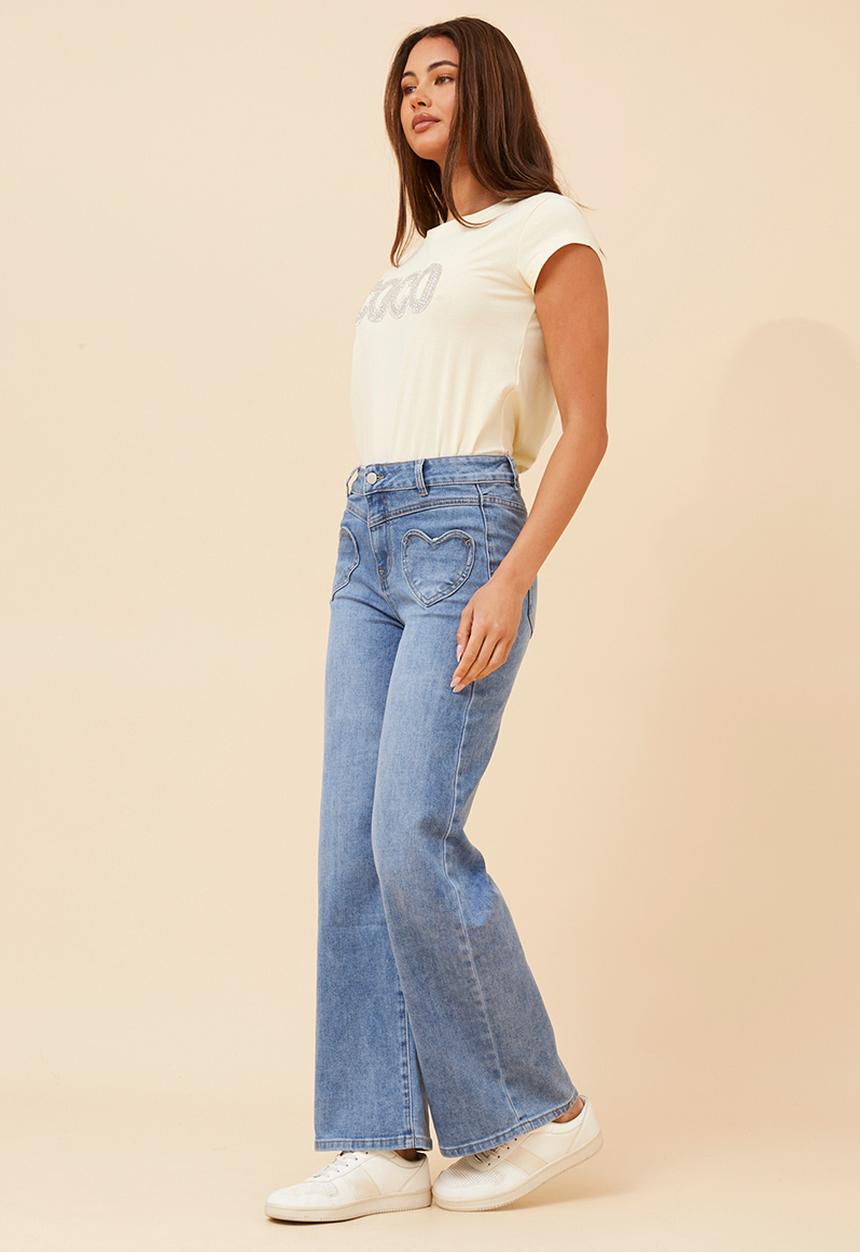 MANDI - Mid Waist Straight Leg Denim With Heart Front Pockets - Blue