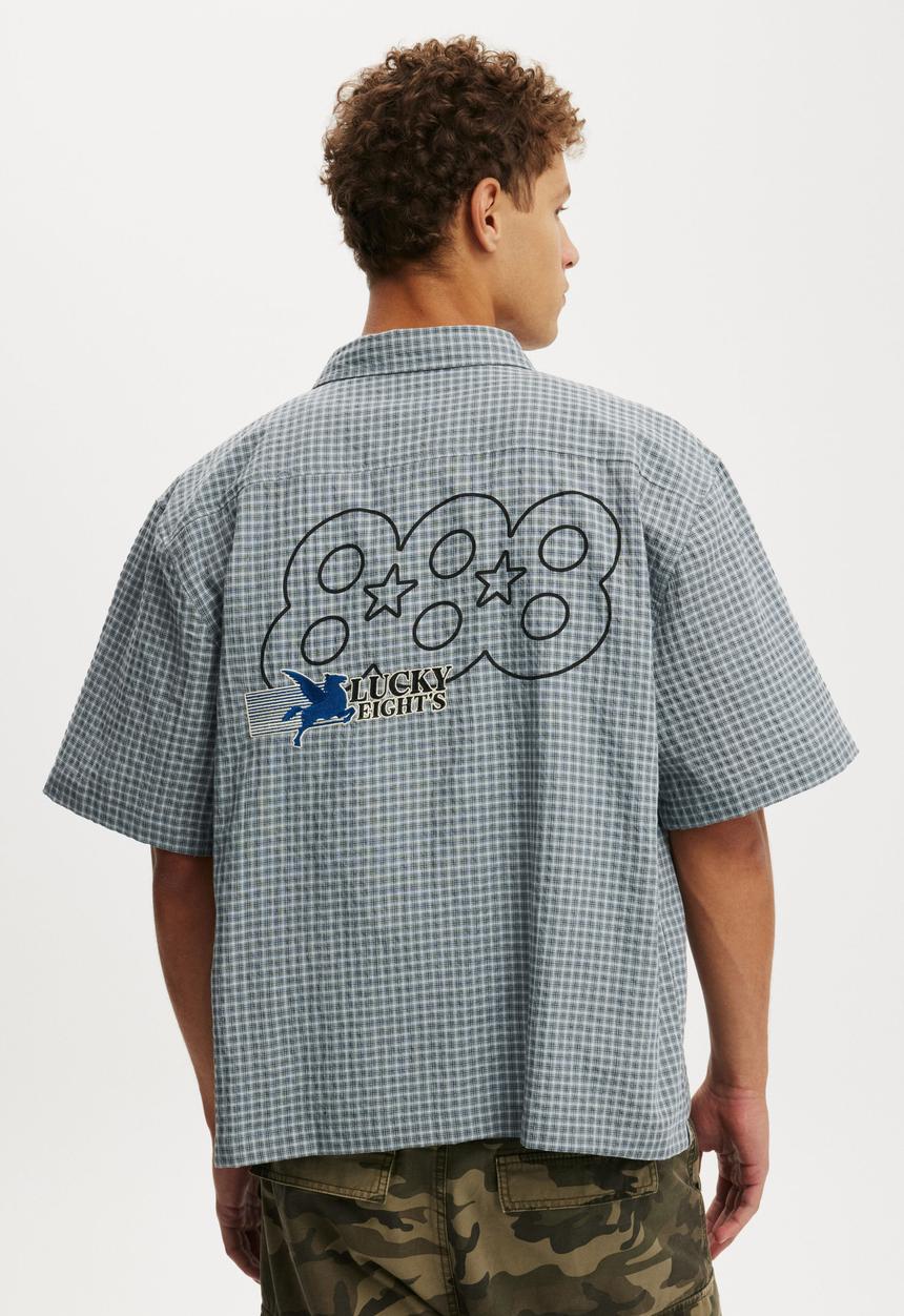 Cotton On - Lucky Short Sleeve Shirt - Blue Check/Lucky 888