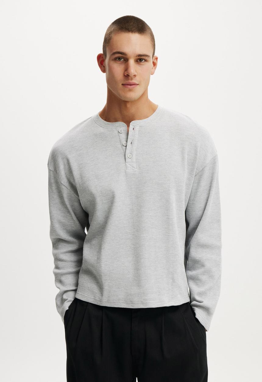 Cotton On - Relaxed Fit Textured Henley Long Sleeve - Grey Marle Waffle