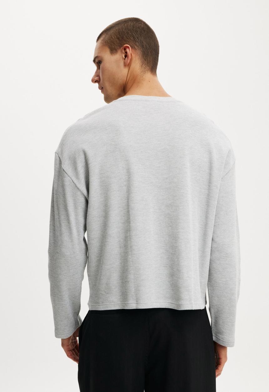 Cotton On - Relaxed Fit Textured Henley Long Sleeve - Grey Marle Waffle