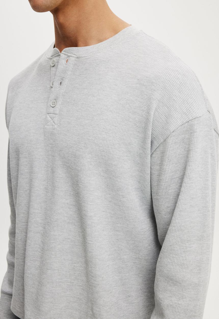 Cotton On - Relaxed Fit Textured Henley Long Sleeve - Grey Marle Waffle