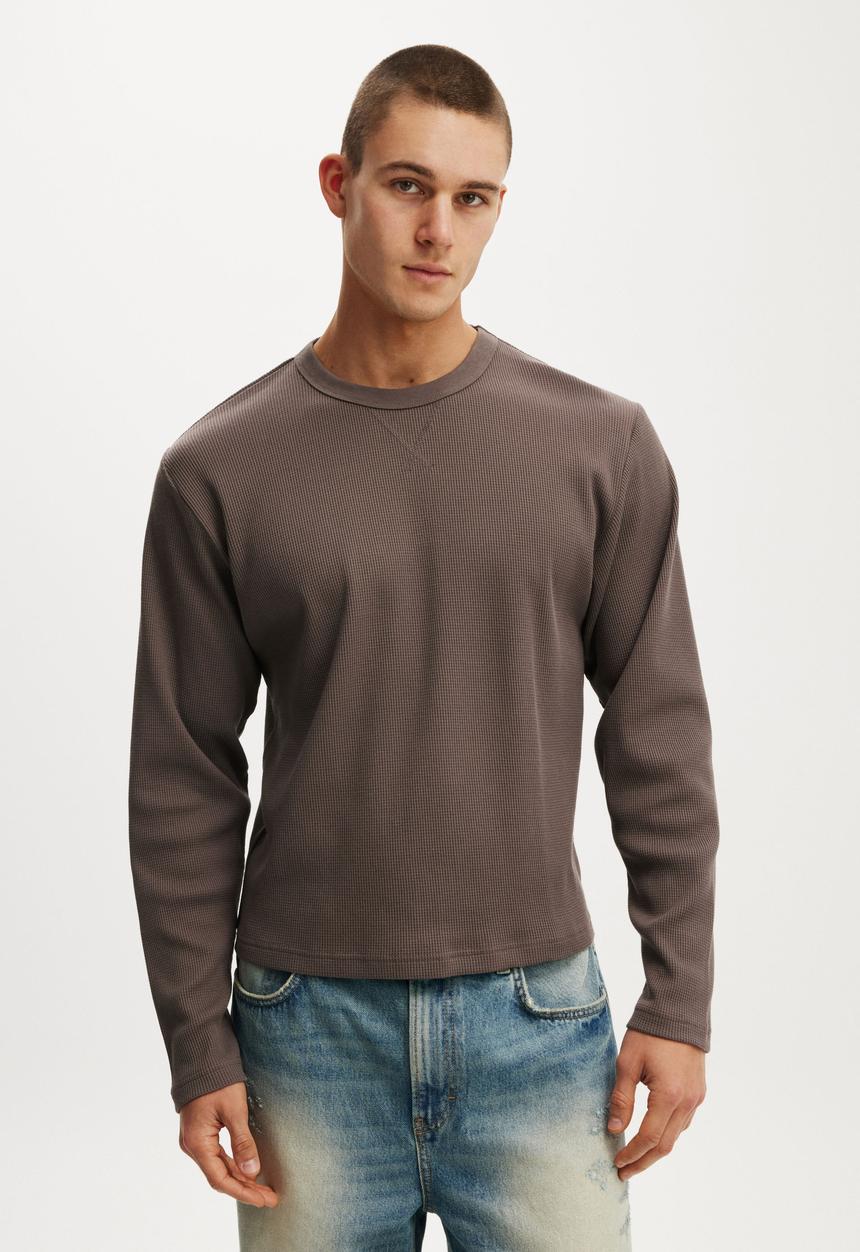 Cropped Fit Textured Long Sleeve - Washed Chocolate Waffle