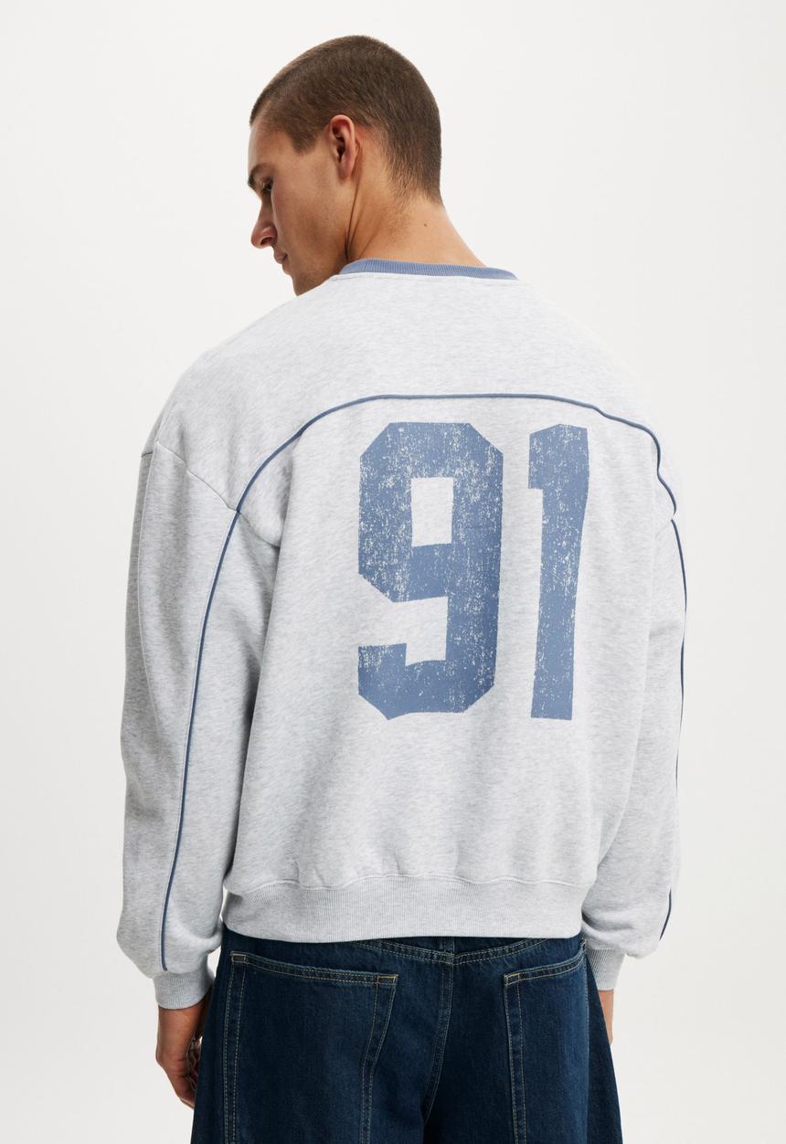 Cotton On - Box Fit Graphic Crew Sweater - Grey Marle/Panel