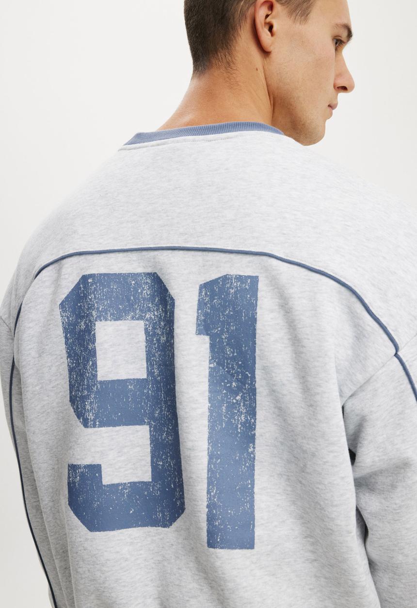 Cotton On - Box Fit Graphic Crew Sweater - Grey Marle/Panel