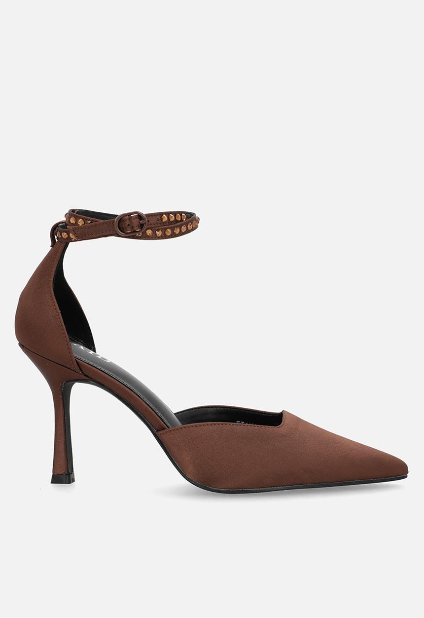Raid London - Etanah stiletto ankle strap heel - brown satin
