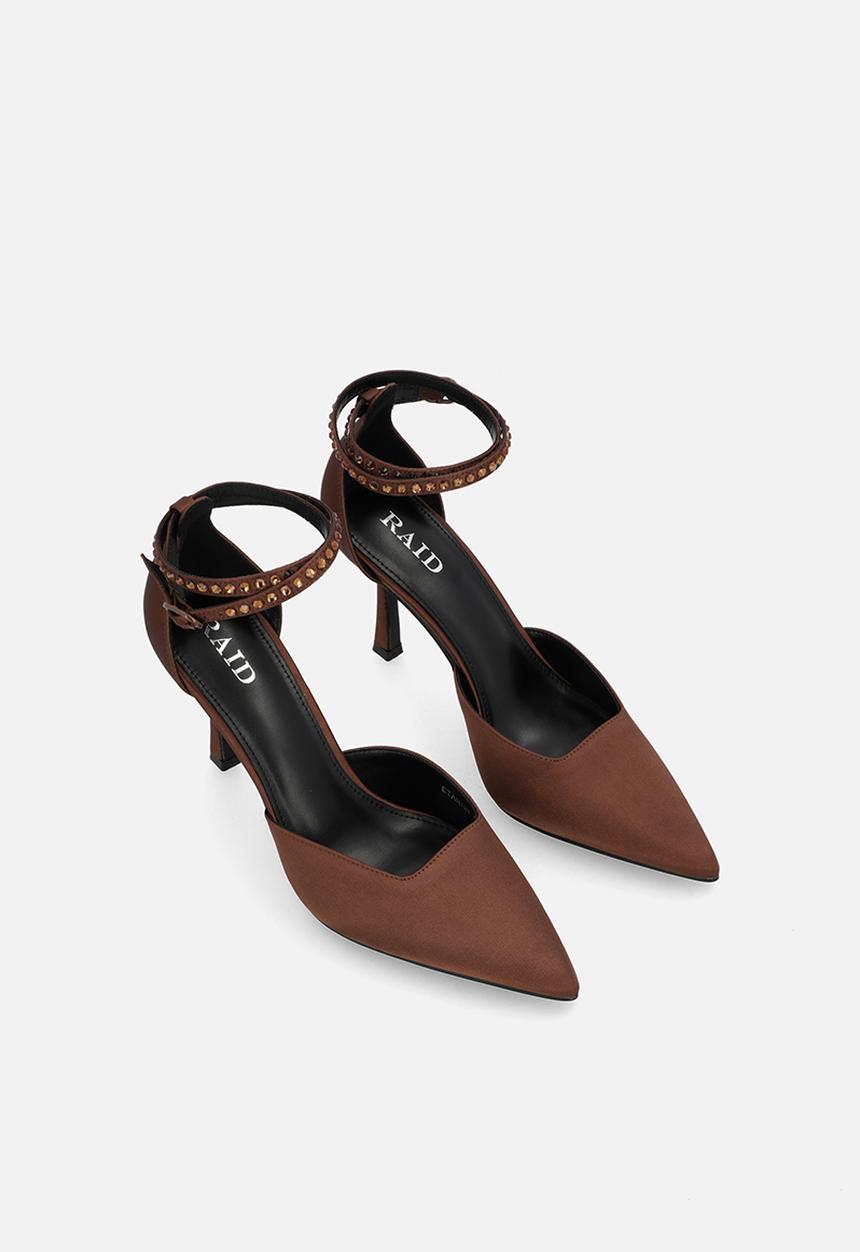 Raid London - Etanah stiletto ankle strap heel - brown satin