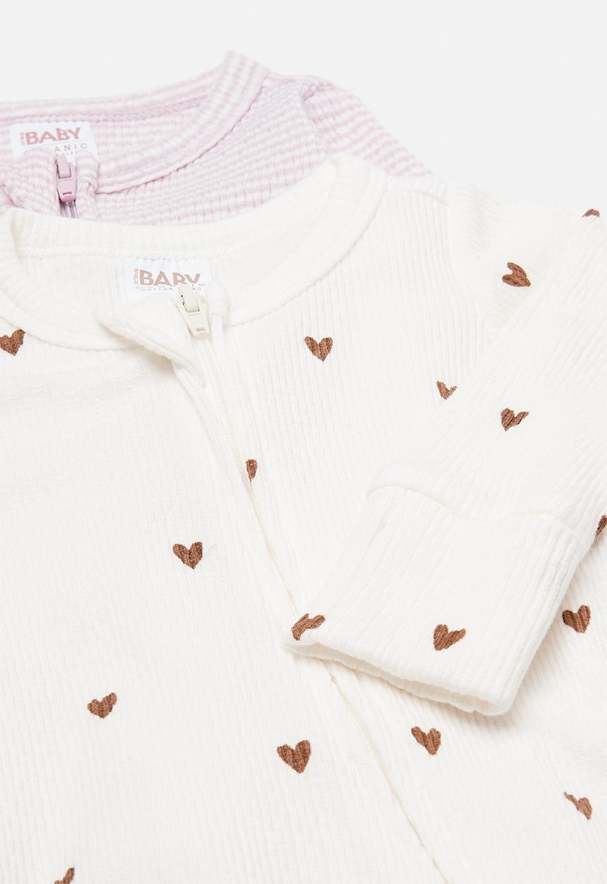 Cotton On - Organic Pointelle Long Sleeve Bubbysuit -  Thistle/Finley Stripe & Milk hearts