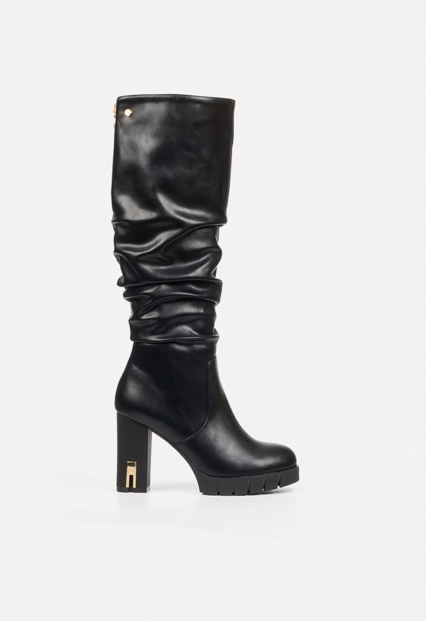 Miss Black - Darling 12 ruched platform block heel long boot - black
