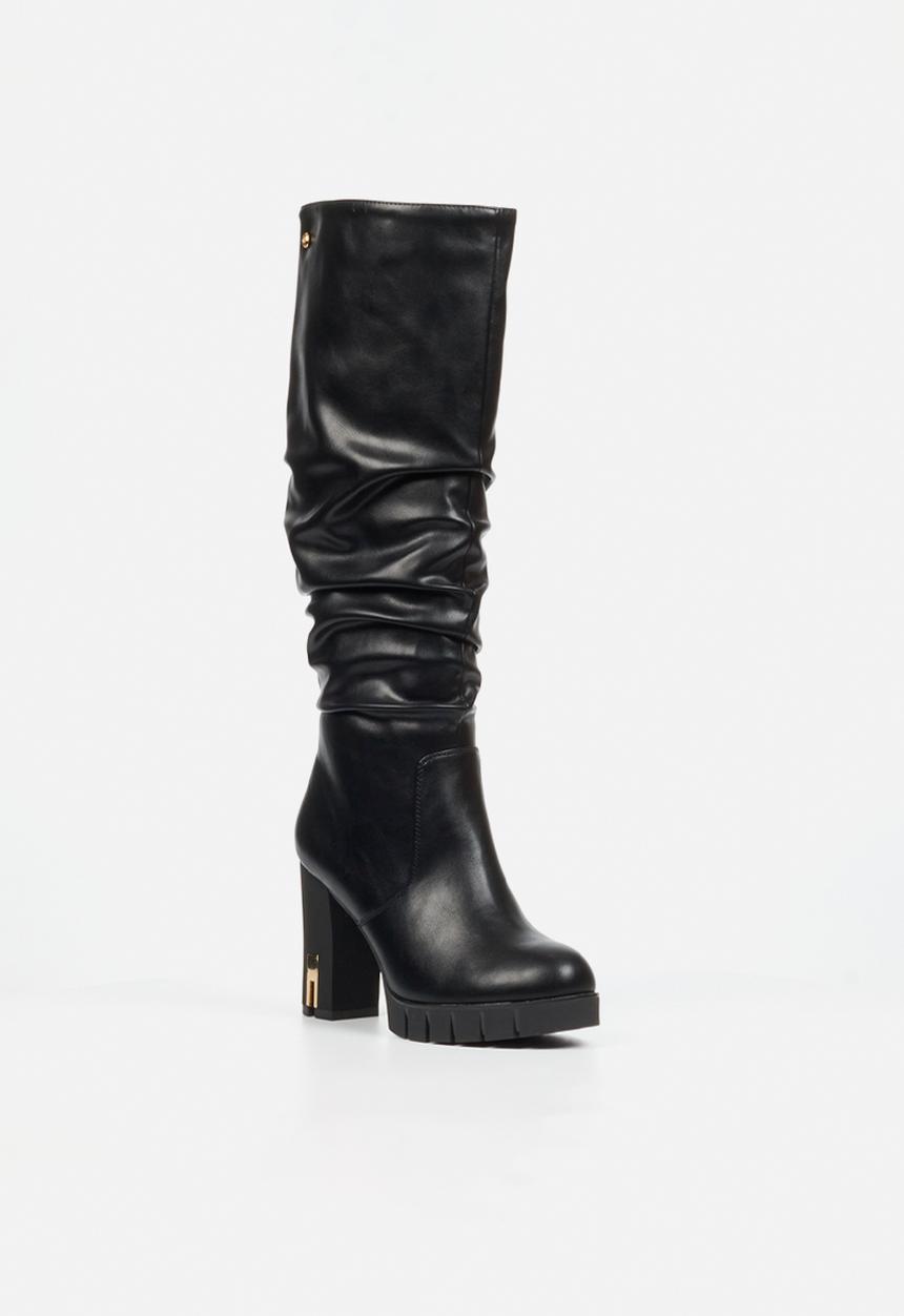 Miss Black - Darling 12 ruched platform block heel long boot - black