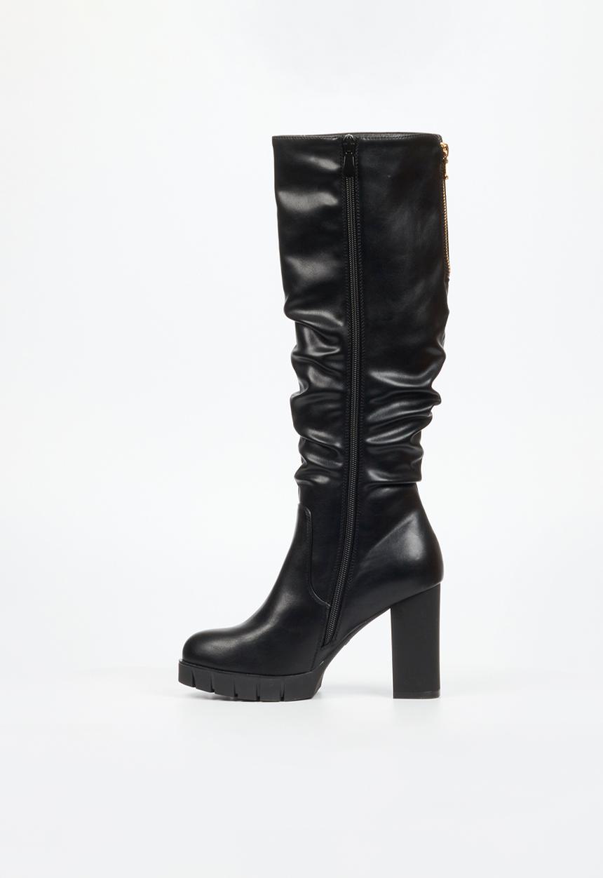 Miss Black - Darling 12 ruched platform block heel long boot - black
