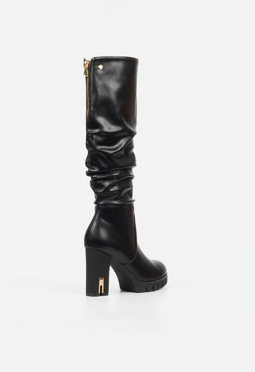 Miss Black - Darling 12 ruched platform block heel long boot - black
