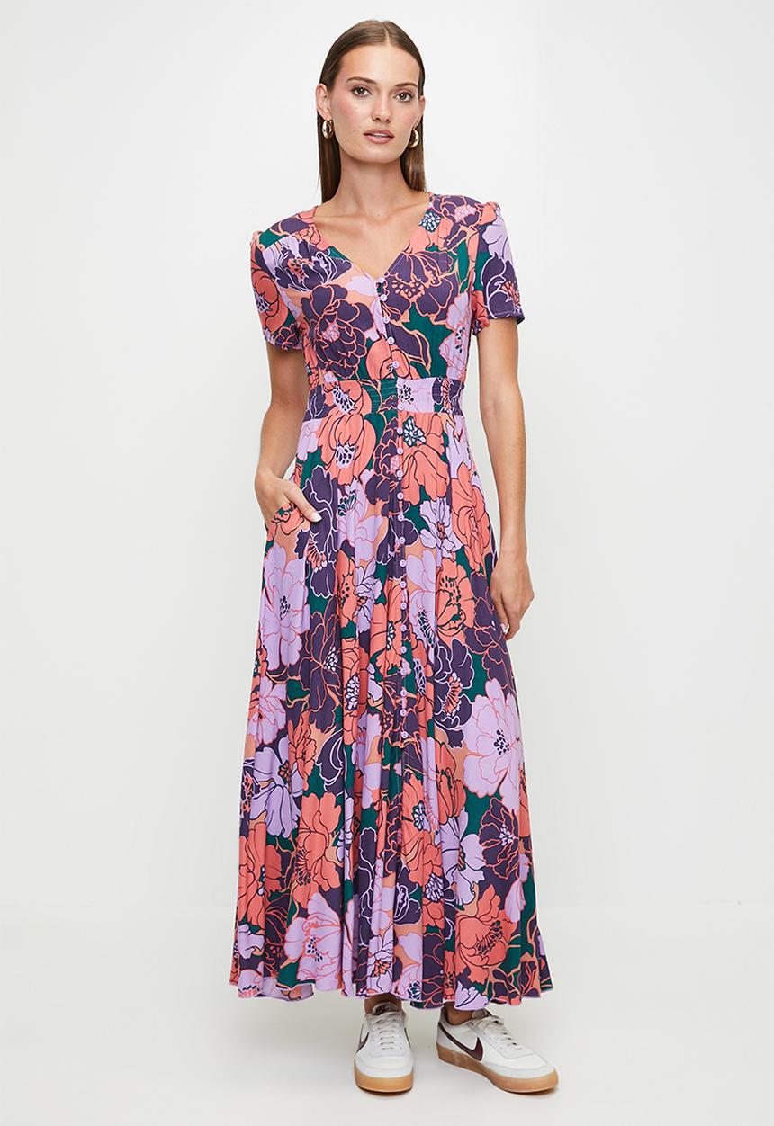 Izabel London - S/S Sleeve V-Neck Button Through Maxi Full Circle Dress With Side Pockets - Multi Purple