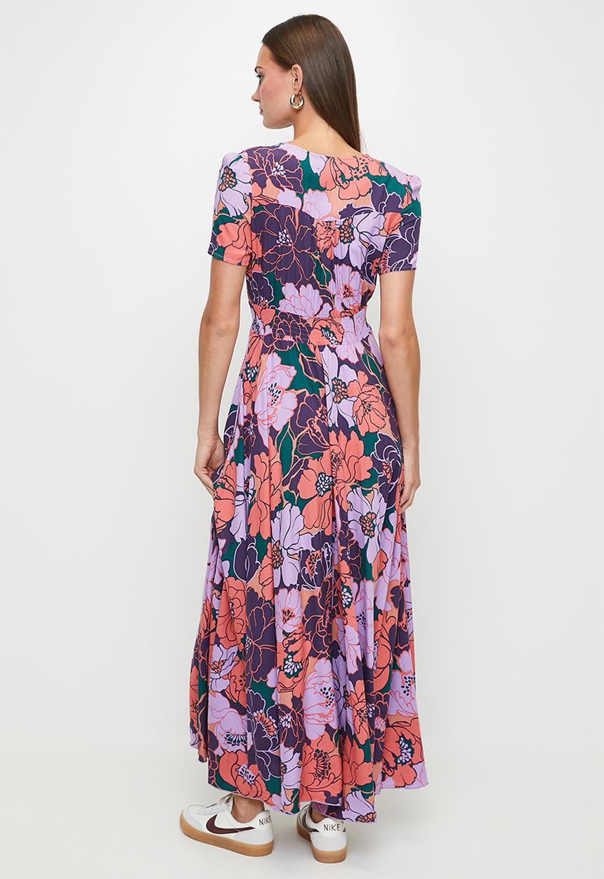 Izabel London - S/S Sleeve V-Neck Button Through Maxi Full Circle Dress With Side Pockets - Multi Purple