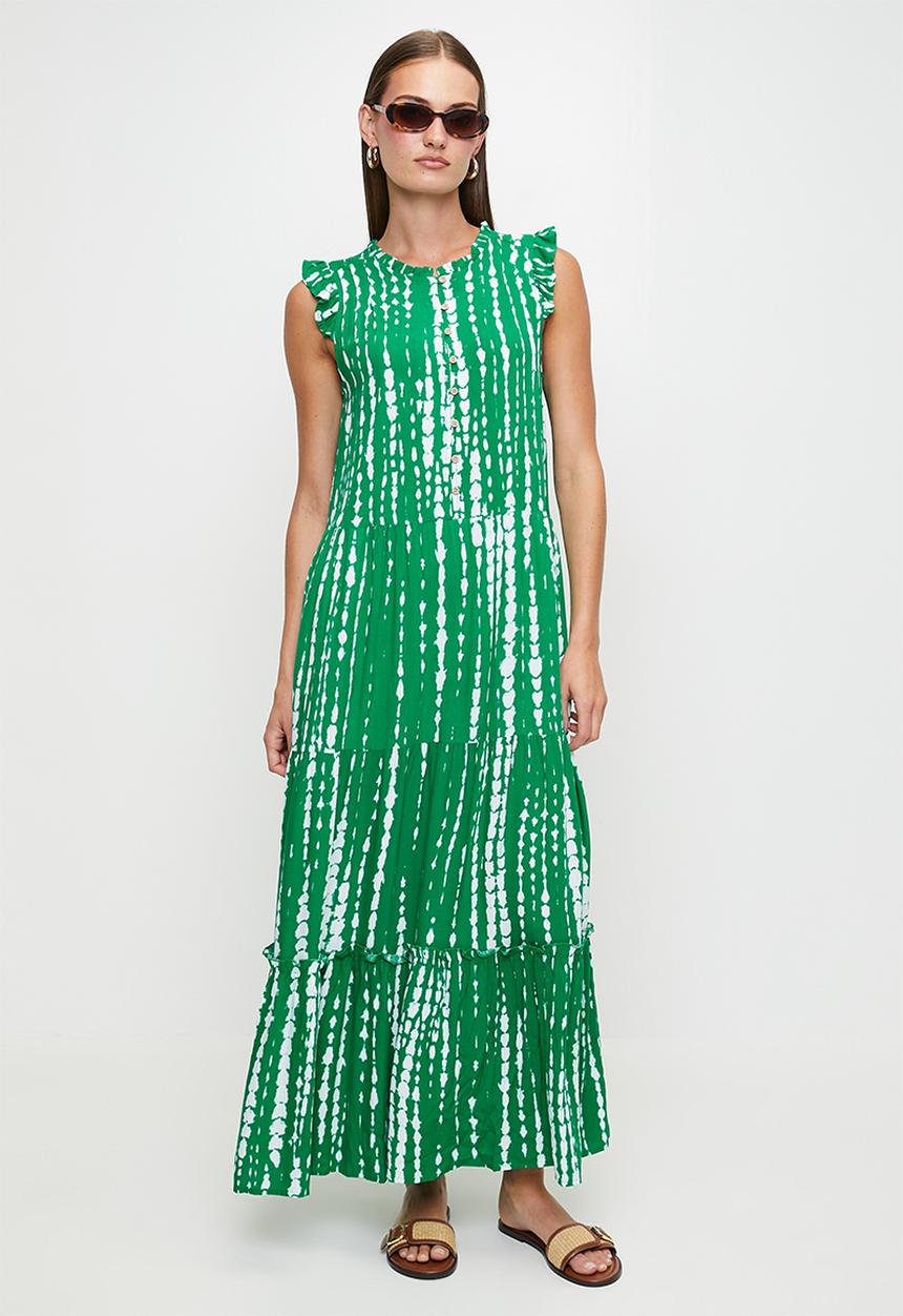 Izabel London - S/Less Woth Flutter Maxi Tiered Dress Button Through - Green