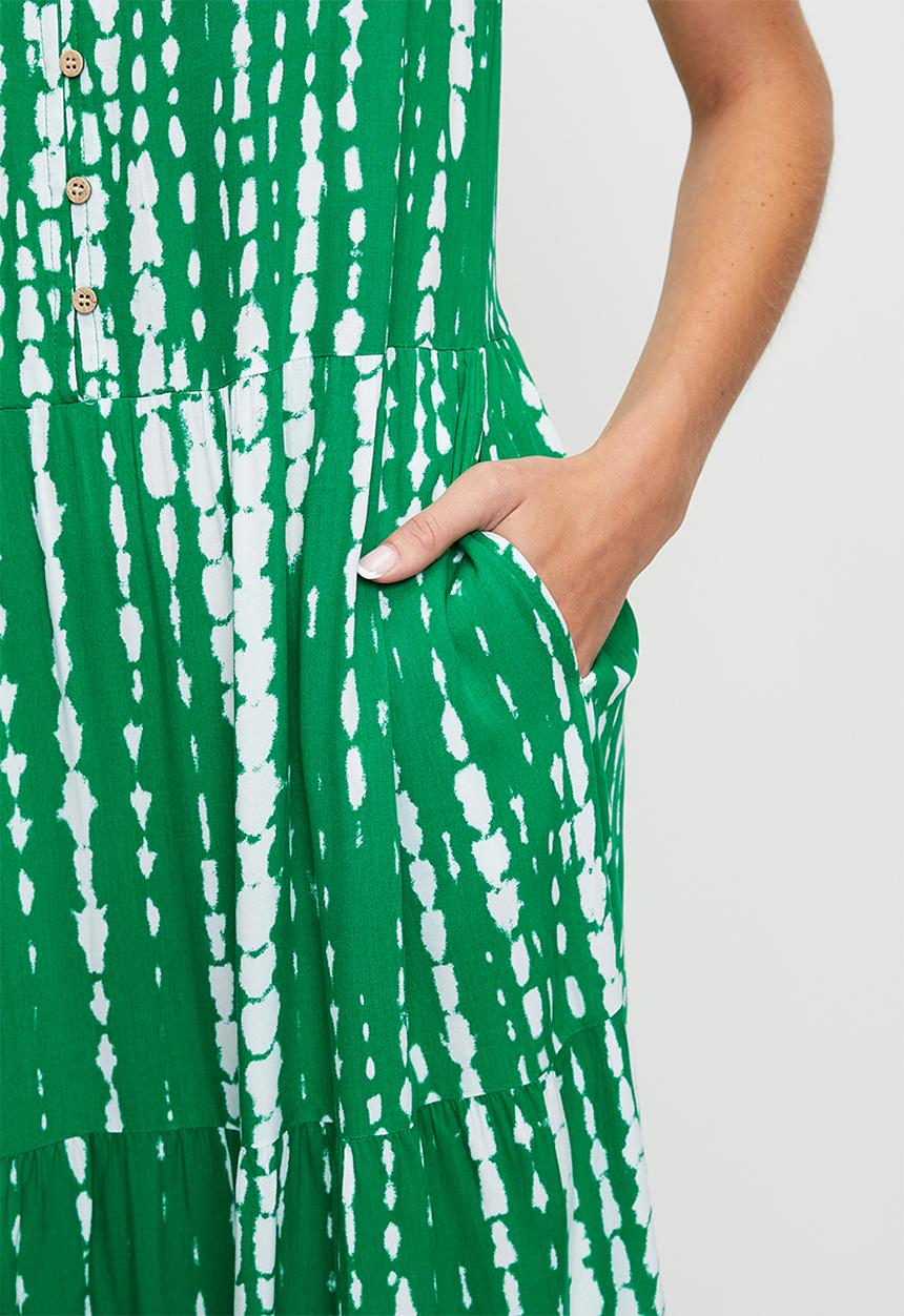 Izabel London - S/Less Woth Flutter Maxi Tiered Dress Button Through - Green