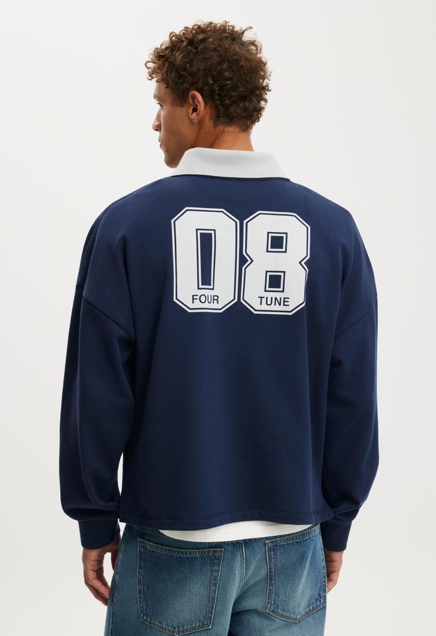 Cotton On - Cropped Fit Graphic Fleece Polo - Indigo Four Tune