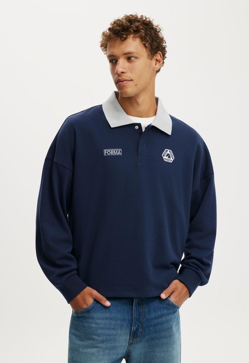 Cotton On - Cropped Fit Graphic Fleece Polo - Indigo Four Tune