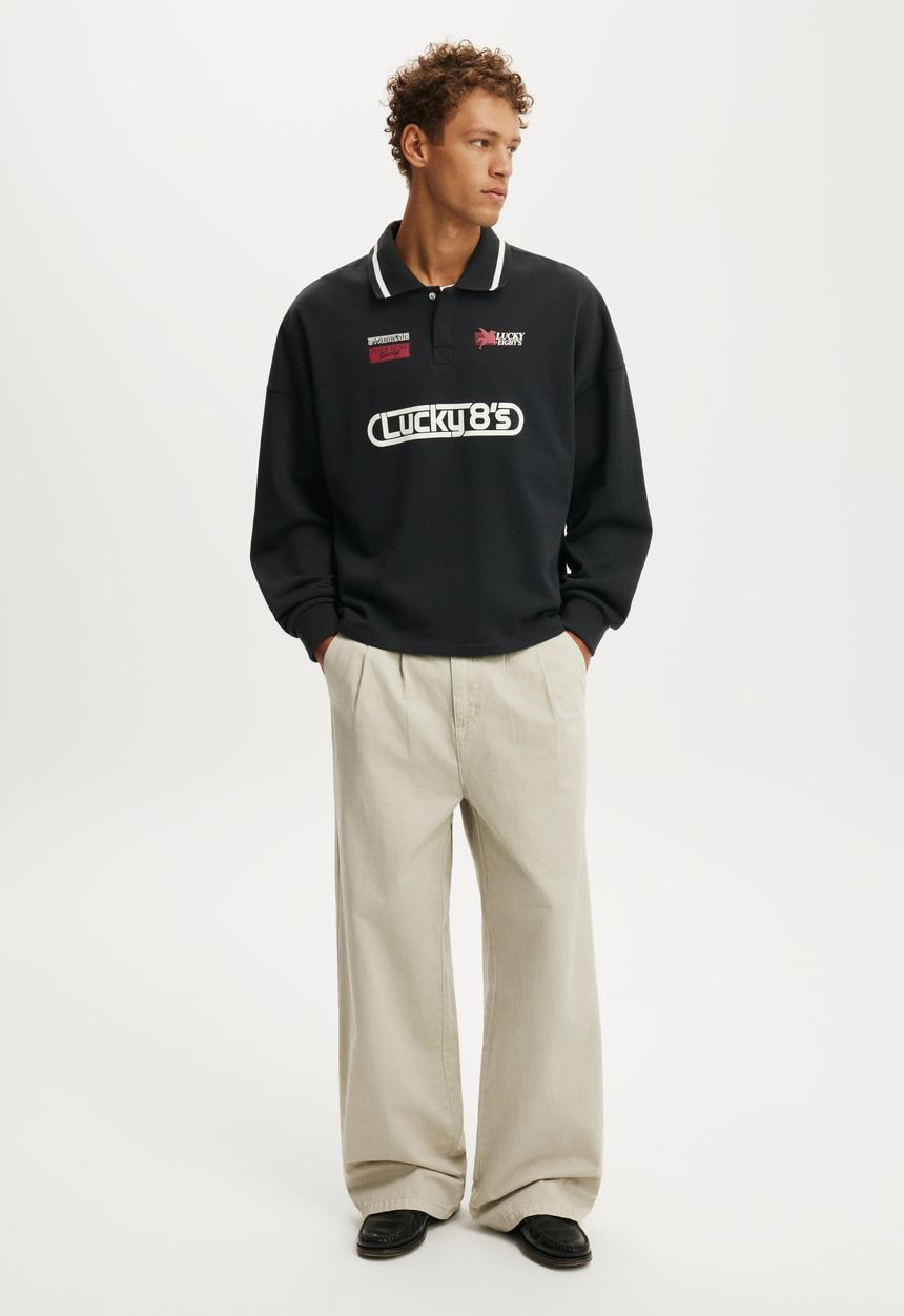 Cotton On - Cropped Fit Graphic Fleece Polo - Washed Black