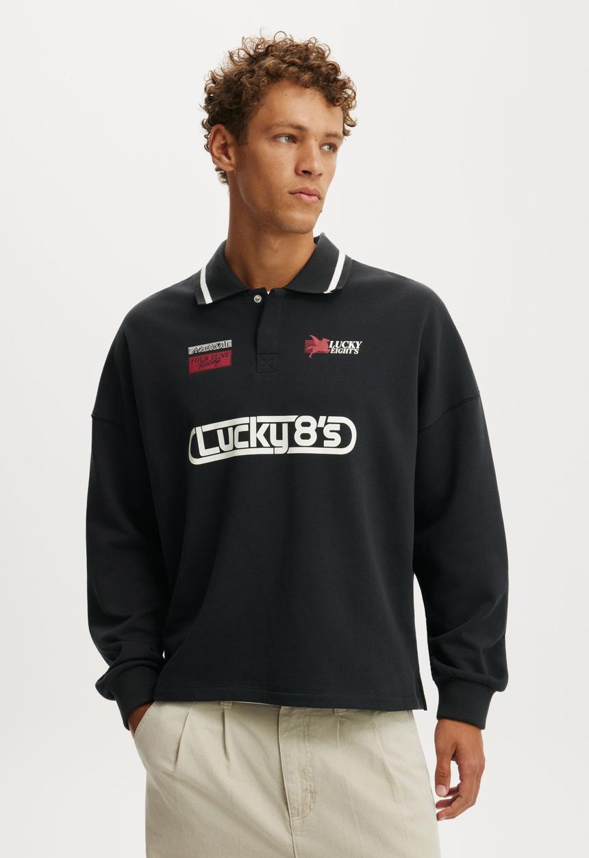Cotton On - Cropped Fit Graphic Fleece Polo - Washed Black