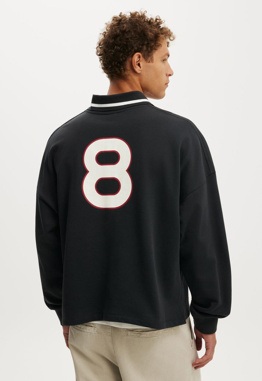 Cotton On - Cropped Fit Graphic Fleece Polo - Washed Black
