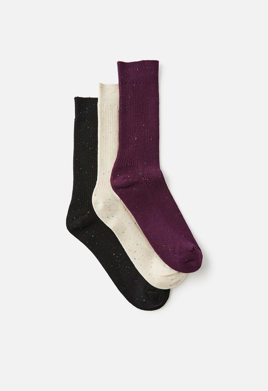 Cotton On - 3 Pack Easy Socks - Vintage Bone Fleck/Black Fleck/Eggplant Fleck