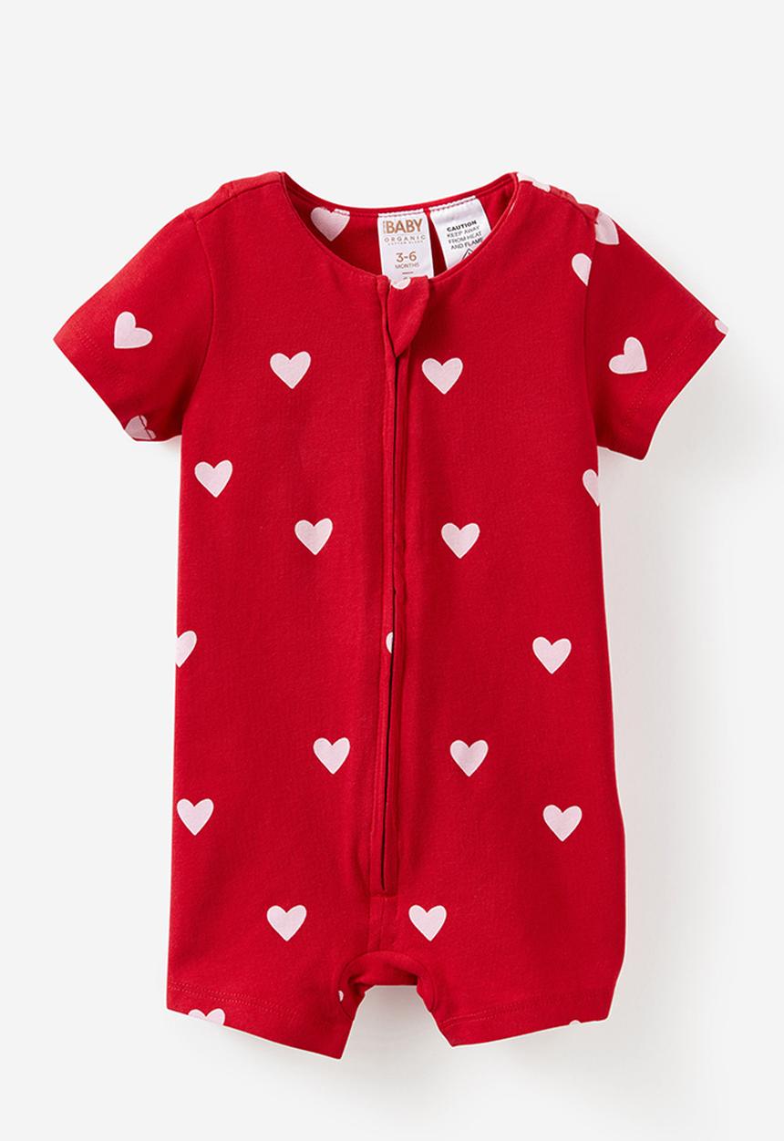 Cotton On - The Short Sleeve Zip Romper -  Varsity Red/Love Hearts