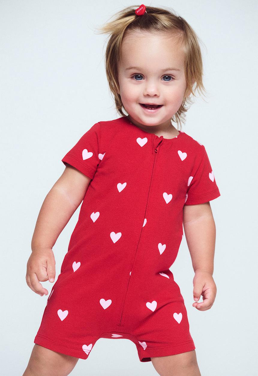 Cotton On - The Short Sleeve Zip Romper -  Varsity Red/Love Hearts