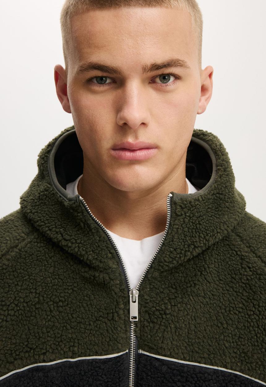 Cotton On - Hooded Teddy Jacket - Military Panelling