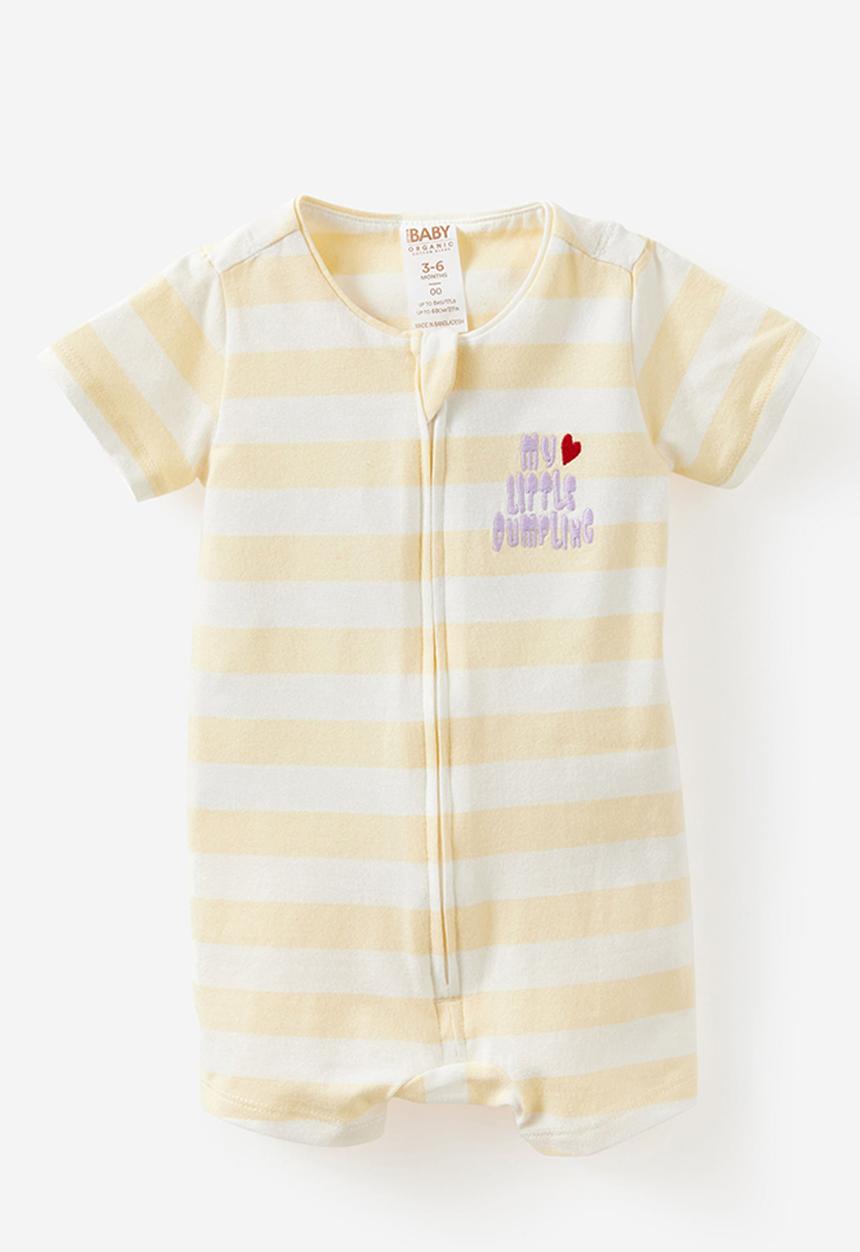 Cotton On - The Short Sleeve Zip Romper -  Lemon Squash Stripe/My Little Dumpling