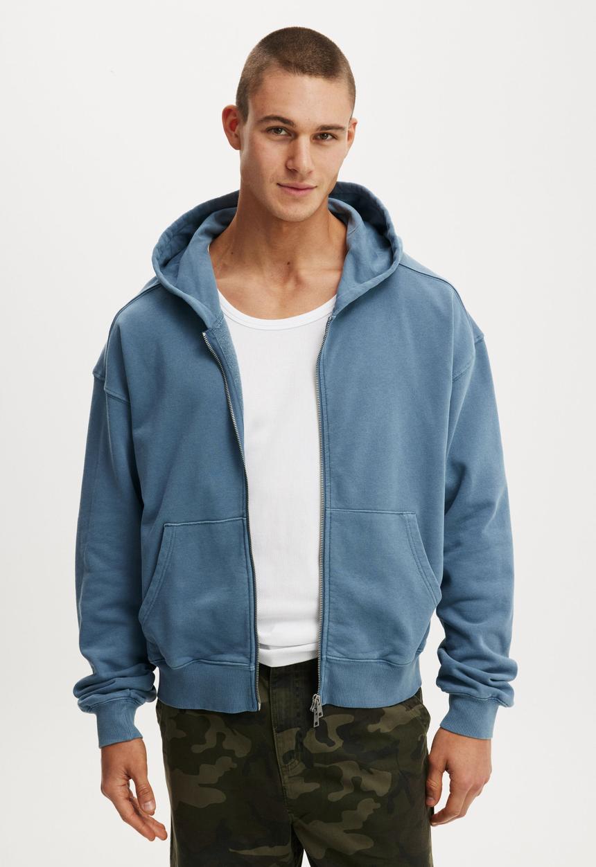 Cropped Zip Up Hoodie - Steel Blue Wash