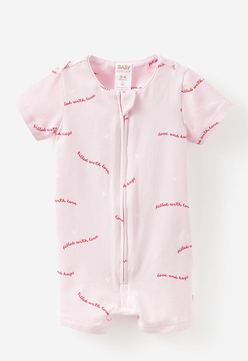 Cotton On - The Short Sleeve Zip Romper -  Tea Party Pink/Love & Hugs