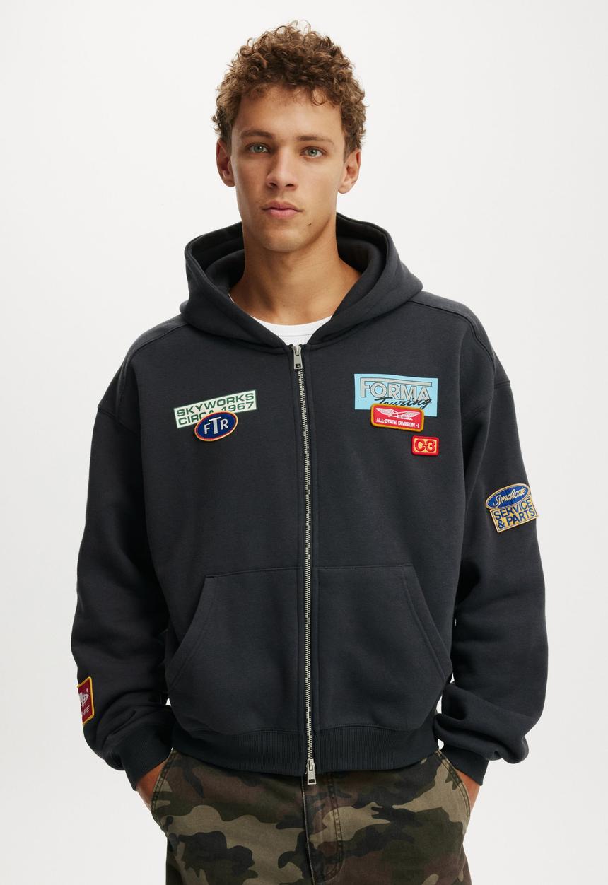 トップス On Hoodie Graphic Parker Cropped Zip Up Graphic Hoodie - Washed Black/ Skyworks