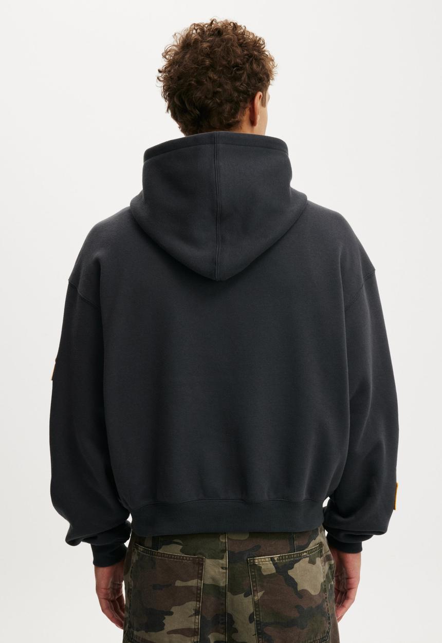 Cotton On - Cropped Zip Up Graphic Hoodie - Washed Black/ Skyworks